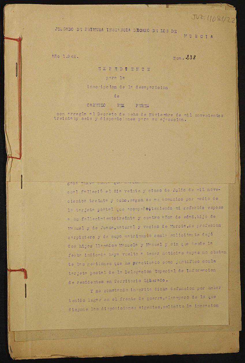 Expediente nº 238/1942 del Juzgado de Primera Instancia de Murcia para la inscripción en el Registro Civil por la defunción en el frente de Carmelo Rex Pérez.